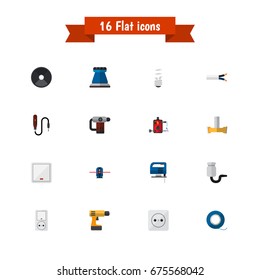 Set Of 16 Editable Electric Icons. Includes Symbols Such As Grinder, Inserting Nails, Jig Saw And More. Can Be Used For Web, Mobile, UI And Infographic Design.