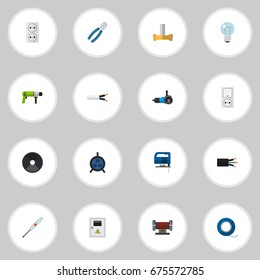 Set Of 16 Editable Electric Icons. Includes Symbols Such As Grinder, Turn-Screw, Socket And More. Can Be Used For Web, Mobile, UI And Infographic Design.