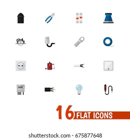 Set Of 16 Editable Electric Icons. Includes Symbols Such As Wire, Cable, Rosette And More. Can Be Used For Web, Mobile, UI And Infographic Design.