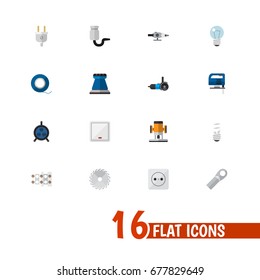 Set Of 16 Editable Electric Icons. Includes Symbols Such As Isolator, Lightbulb, Terminal Block And More. Can Be Used For Web, Mobile, UI And Infographic Design.