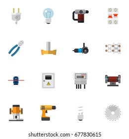 Set Of 16 Editable Electric Icons. Includes Symbols Such As Panel, Lightbulb, Nipper And More. Can Be Used For Web, Mobile, UI And Infographic Design.