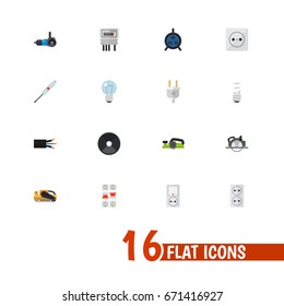 Set Of 16 Editable Electrical Icons. Includes Symbols Such As Lightbulb, Socket, Buzzsaw And More. Can Be Used For Web, Mobile, UI And Infographic Design.