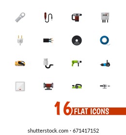 Set Of 16 Editable Electrical Icons. Includes Symbols Such As Connection, Inserting Nails, Borer And More. Can Be Used For Web, Mobile, UI And Infographic Design.