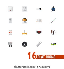 Set Of 16 Editable Electrical Icons. Includes Symbols Such As Pound, Receptacle, Mini Drill And More. Can Be Used For Web, Mobile, UI And Infographic Design.