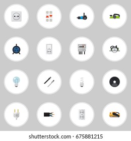 Set Of 16 Editable Electrical Icons. Includes Symbols Such As Jack, Electric, Bulb And More. Can Be Used For Web, Mobile, UI And Infographic Design.