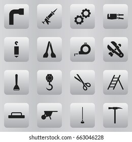 Set Of 16 Editable Equipment Icons. Includes Symbols Such As Equipment, Handcart, Wheel Wrench. Can Be Used For Web, Mobile, UI And Infographic Design.