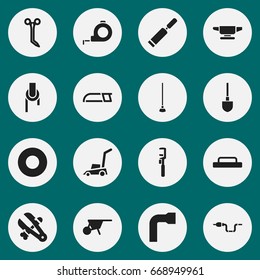 Set Of 16 Editable Equipment Icons. Includes Symbols Such As Medical Shear, Handcart, Pipe. Can Be Used For Web, Mobile, UI And Infographic Design.