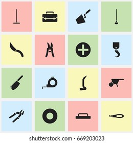 Set Of 16 Editable Equipment Icons. Includes Symbols Such As Handcart, Trowel, Cleaver. Can Be Used For Web, Mobile, UI And Infographic Design.