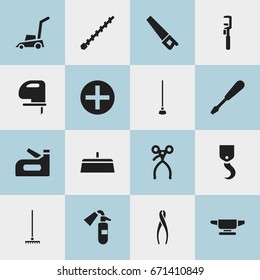 Set Of 16 Editable Equipment Icons. Includes Symbols Such As Putty Knife, Tongs, Retractor And More. Can Be Used For Web, Mobile, UI And Infographic Design.
