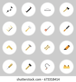 Set Of 16 Editable Equipment Icons. Includes Symbols Such As Jointer, Tool, Knife And More. Can Be Used For Web, Mobile, UI And Infographic Design.
