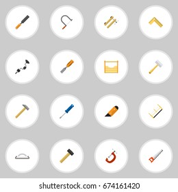 Set Of 16 Editable Equipment Icons. Includes Symbols Such As Hammer, Clamp, Tool And More. Can Be Used For Web, Mobile, UI And Infographic Design.