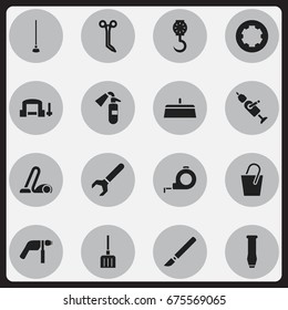 Set Of 16 Editable Equipment Icons. Includes Symbols Such As Sprinkler, Putty Knife, Digging And More. Can Be Used For Web, Mobile, UI And Infographic Design.