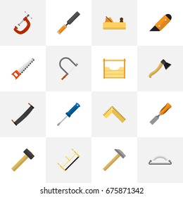 Set Of 16 Editable Equipment Icons. Includes Symbols Such As Malleus, Turn-Screw, Instruments And More. Can Be Used For Web, Mobile, UI And Infographic Design.