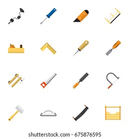 Set Of 16 Editable Equipment Icons. Includes Symbols Such As Turn-Screw, Handsaw, Bodkin. Can Be Used For Web, Mobile, UI And Infographic Design.