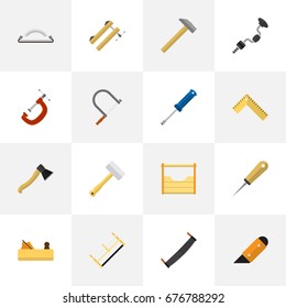 Set Of 16 Editable Equipment Icons. Includes Symbols Such As Meter, Hammer, Turn-Screw And More. Can Be Used For Web, Mobile, UI And Infographic Design.