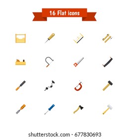 Set Of 16 Editable Equipment Icons. Includes Symbols Such As Turn-Screw, Rasp, Saw And More. Can Be Used For Web, Mobile, UI And Infographic Design.