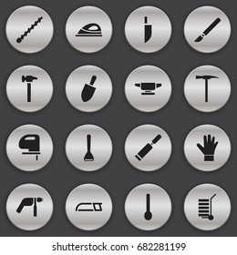 Set Of 16 Editable Equipment Icons. Includes Symbols Such As Putty Knife, Appliance, Shipment And More. Can Be Used For Web, Mobile, UI And Infographic Design.