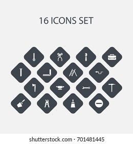 Set Of 16 Editable Equipment Icons. Includes Symbols Such As Spanner, Trowel, Skimmer And More. Can Be Used For Web, Mobile, UI And Infographic Design.