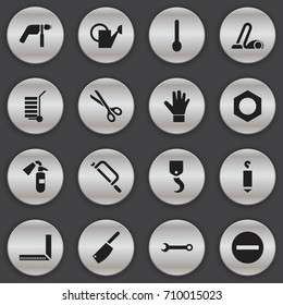 Set Of 16 Editable Equipment Icons. Includes Symbols Such As Elevation, Handsaw, Gauntlet. Can Be Used For Web, Mobile, UI And Infographic Design.