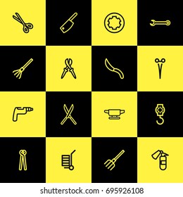 Set Of 16 Editable Equipment Outline Icons. Includes Symbols Such As Blacksmith, Pitchfork, Shear And More. Can Be Used For Web, Mobile, UI And Infographic Design.