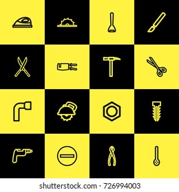 Set Of 16 Editable Equipment Outline Icons. Includes Symbols Such As Kitchen Spoon, Fastener, Medical Instrument And More. Can Be Used For Web, Mobile, UI And Infographic Design.