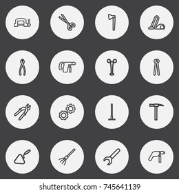 Set Of 16 Editable Equipment Outline Icons. Includes Symbols Such As Hatchet, Spatula, Clamp And More. Can Be Used For Web, Mobile, UI And Infographic Design.