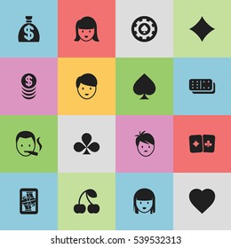 Set Of 16 Editable Excitement Icons. Includes Symbols Such As Boy, Card Pair, Smoker And More. Can Be Used For Web, Mobile, UI And Infographic Design.