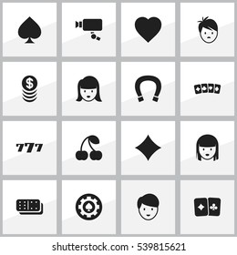 Set Of 16 Editable Excitement Icons. Includes Symbols Such As Woman Face, Card Pair, Card Suits And More. Can Be Used For Web, Mobile, UI And Infographic Design.