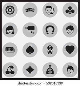 Set Of 16 Editable Excitement Icons. Includes Symbols Such As Card Suits, Shamrock, Boy And More. Can Be Used For Web, Mobile, UI And Infographic Design.