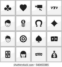 Set Of 16 Editable Excitement Icons. Includes Symbols Such As Luck Charm, Blackjack, Female Face And More. Can Be Used For Web, Mobile, UI And Infographic Design.