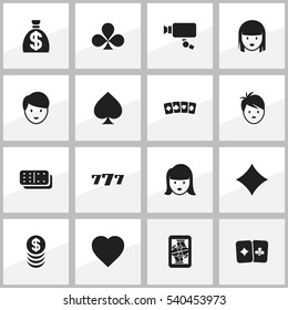 Set Of 16 Editable Excitement Icons. Includes Symbols Such As Card Suits, Lucky Seven, Moneybag And More. Can Be Used For Web, Mobile, UI And Infographic Design.