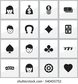 Set Of 16 Editable Excitement Icons. Includes Symbols Such As Card Suits, Black Heart, Woman Face And More. Can Be Used For Web, Mobile, UI And Infographic Design.