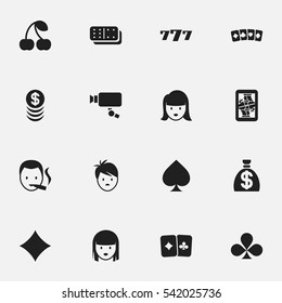 Set Of 16 Editable Excitement Icons. Includes Symbols Such As Moneybag, Woman Face, Card Suits And More. Can Be Used For Web, Mobile, UI And Infographic Design.