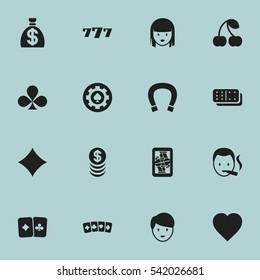Set Of 16 Editable Excitement Icons. Includes Symbols Such As Casino Worker, Female Face, Rhombus And More. Can Be Used For Web, Mobile, UI And Infographic Design.