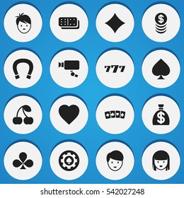 Set Of 16 Editable Excitement Icons. Includes Symbols Such As Lucky Seven, Berry;, Game Card And More. Can Be Used For Web, Mobile, UI And Infographic Design.