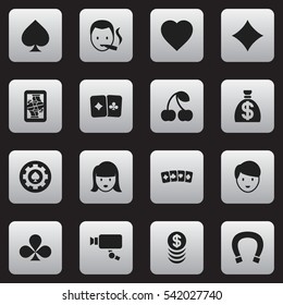Set Of 16 Editable Excitement Icons. Includes Symbols Such As Berry;, Game Card, Blackjack And More. Can Be Used For Web, Mobile, UI And Infographic Design.