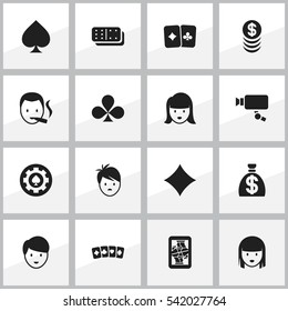 Set Of 16 Editable Excitement Icons. Includes Symbols Such As Blackjack, Game Card, Bones Game And More. Can Be Used For Web, Mobile, UI And Infographic Design.