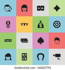 Set Of 16 Editable Excitement Icons. Includes Symbols Such As Smoker, Card Suits, Luck Charm And More. Can Be Used For Web, Mobile, UI And Infographic Design.