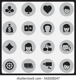 Set Of 16 Editable Excitement Icons. Includes Symbols Such As Casino Worker, Smoker, Love And More. Can Be Used For Web, Mobile, UI And Infographic Design.