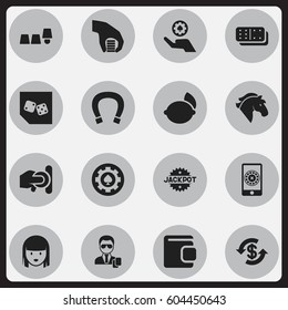 Set Of 16 Editable Excitement Icons. Includes Symbols Such As Throwing Coin, Dice, Poker Money And More. Can Be Used For Web, Mobile, UI And Infographic Design.