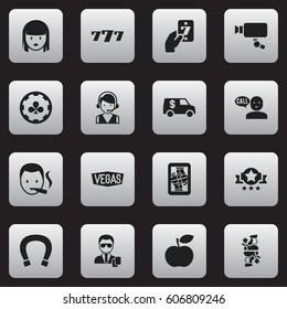 Set Of 16 Editable Excitement Icons. Includes Symbols Such As Apple, Blackjack, Agent And More. Can Be Used For Web, Mobile, UI And Infographic Design.