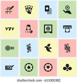 Set Of 16 Editable Excitement Icons. Includes Symbols Such As Woman Gamer, Lottery Ticket, Poker Money And More. Can Be Used For Web, Mobile, UI And Infographic Design.