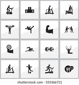 Set Of 16 Editable Exercise Icons. Includes Symbols Such As Football, Executing Running, Training Bike And More. Can Be Used For Web, Mobile, UI And Infographic Design.