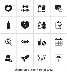 Set Of 16 Editable Exercise Icons. Includes Symbols Such As Plant, Heartbeat, Questionnaire And More. Can Be Used For Web, Mobile, UI And Infographic Design.