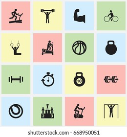Set Of 16 Editable Exercise Icons. Includes Symbols Such As Game Ball, Training Bike, Bicycle Rider And More. Can Be Used For Web, Mobile, UI And Infographic Design.