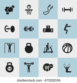 Set Of 16 Editable Exercise Icons. Includes Symbols Such As Platform For Winner, Strength, Gauntlet And More. Can Be Used For Web, Mobile, UI And Infographic Design.