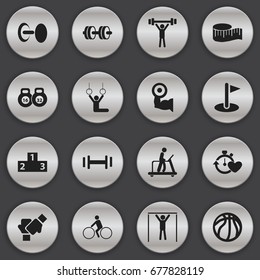 Set Of 16 Editable Exercise Icons. Includes Symbols Such As Health Time, Bodybuilding, Barbell And More. Can Be Used For Web, Mobile, UI And Infographic Design.