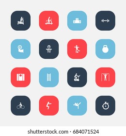 Set Of 16 Editable Exercise Icons. Includes Symbols Such As Football, Crossbar, Executing Running And More. Can Be Used For Web, Mobile, UI And Infographic Design.