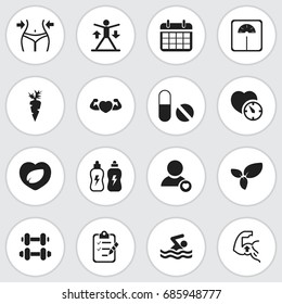 Set Of 16 Editable Exercise Icons. Includes Symbols Such As Leaf In Heart, Date Plan, Weight Measurement And More. Can Be Used For Web, Mobile, UI And Infographic Design.