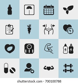 Set Of 16 Editable Exercise Icons. Includes Symbols Such As Energetic Beverage, Muscle, Hand Barbell. Can Be Used For Web, Mobile, UI And Infographic Design.